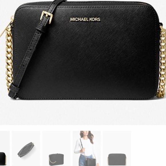 Michael Kors Jet Set Saffiano Leather Crossbody Bag in Black w Gold Hardware NWT